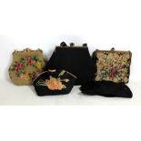 Three vintage lady's evening bags including two embroidered examples and a pair of gloves with