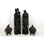 A pair of Chinese hardwood carvings of scholars, each approx 40cm, and a pair of miniature