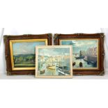 OLGA SHIPSTON; oil on canvas, river scene with moored boats, signed, 35 x 45cm, framed, and two