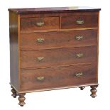 A Victorian and later mahogany chest of two short over three long drawers raised on bun feet,