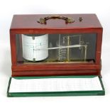 CASELLA, LONDON; an early 20th century mahogany cased lacquered brass barograph, with maker's plaque