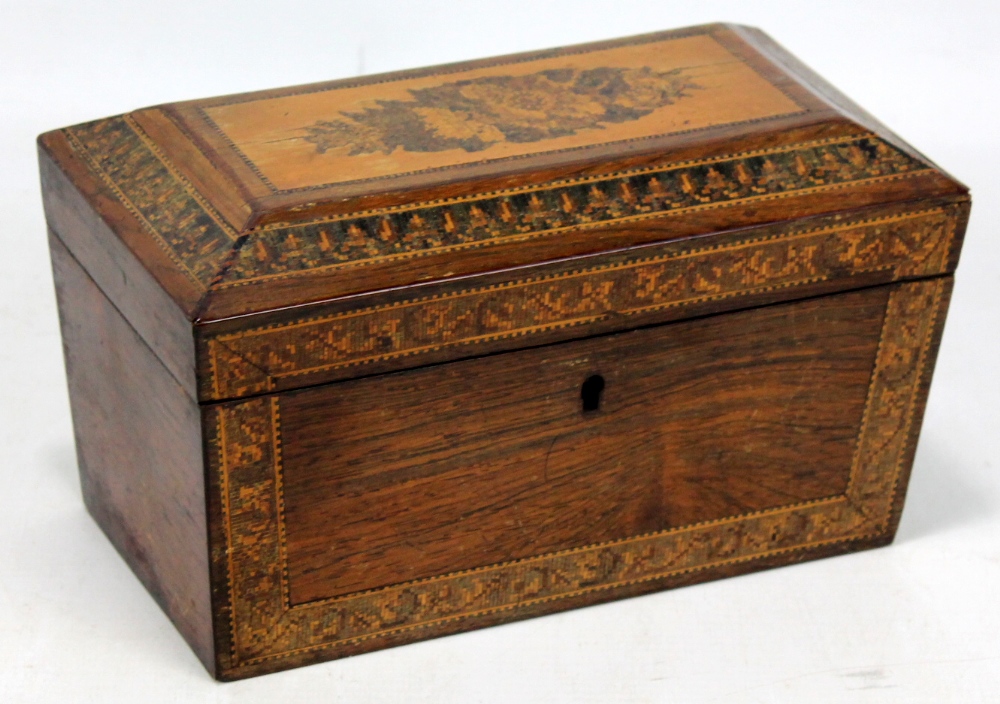 A Tunbridge ware two division tea caddy of rectangular form, width 20.5cm.Additional InformationSome