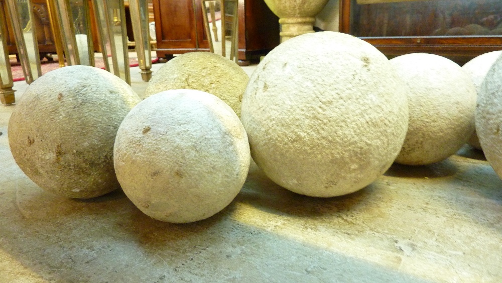 Eighteen carved English stone balls of varying sizes, diameter of largest approx 23cm. Provenance: - Image 5 of 6