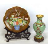 A modern Chinese cloisonné enamel baluster vase with waisted rim, height 26.5cm, on carved wooden