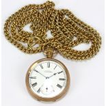 WALTHAM; an early 20th century gold plated open faced crown wind pocket watch, the circular enamel