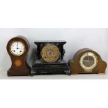 Three mantel clocks for restoration including Edwardian mahogany cased example with inlaid detail,