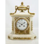 A 19th century French alabaster and gilt metal detailed eight days mantel clock, the circular enamel