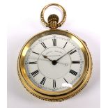 A late 19th century 18ct yellow gold crown wind open faced chronograph pocket watch, the white