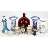 A mixed lot of ceramics including a Royal Doulton flambé glazed globular vase, height 20.5cm, a pair