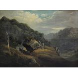 19TH CENTURY ENGLISH SCHOOL; rural landscape with figures in a cottage in the foreground,