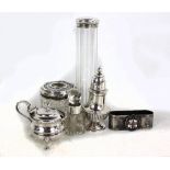 A small group of hallmarked silver items comprising mustard, pepper, silver topped hat pin jar,