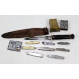 A William Rodgers knife housed in leather scabbard, a group of pen knives, two matchbox holders