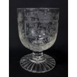 A Masonic clear glass goblet with engraved initials SCW and date of 1839 with Masonic symbols