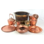 A mixed lot of copper including a kettle, dishes and a bucket, also a coopered oak barrel (8).