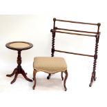 A mahogany towel rail, 88 x 66.5cm, an upholstered stool and an occasional table (3).