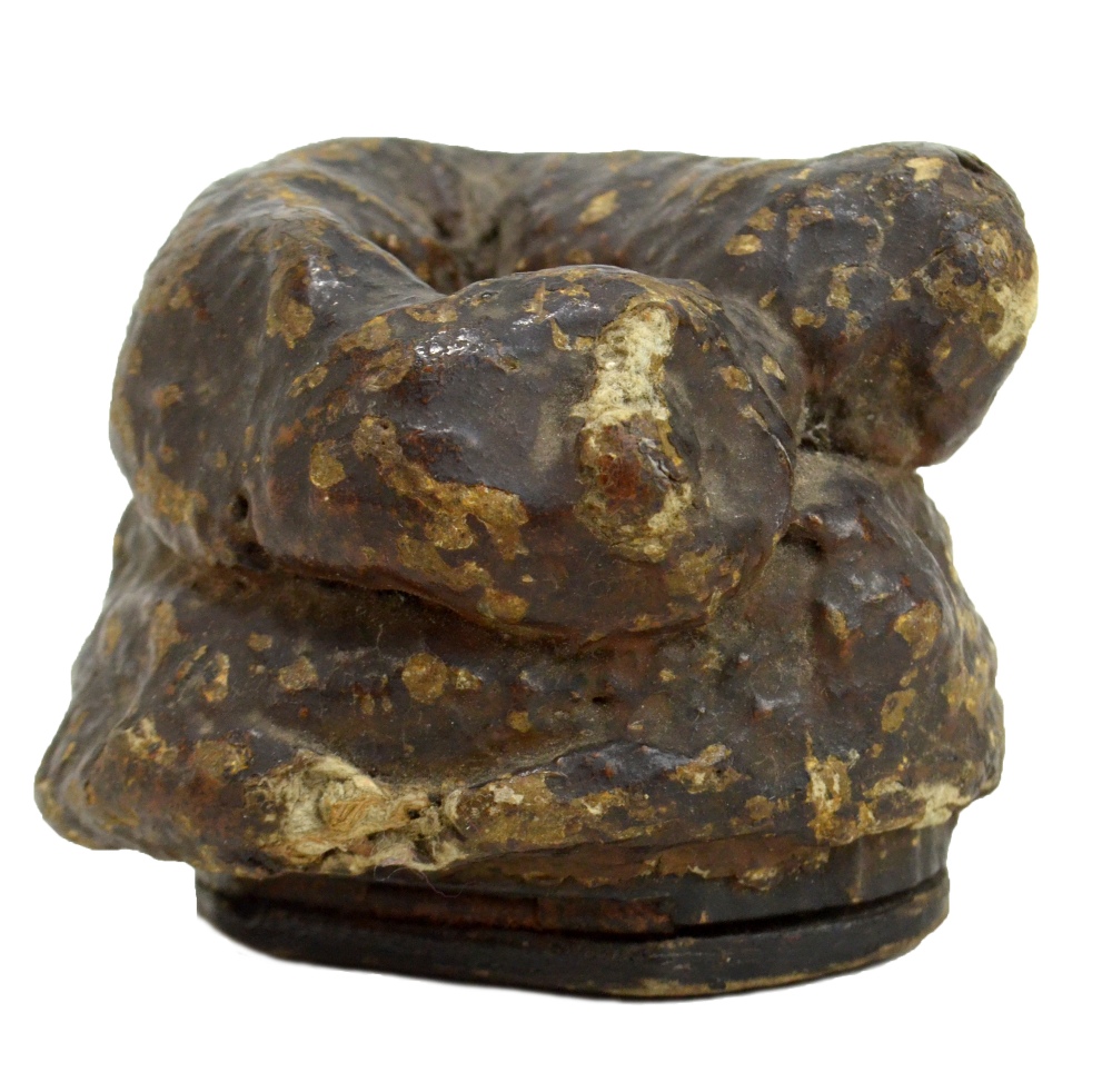 A Victorian lacquered papier-mâché snuff box modelled as animal faeces, with hinged lid, length