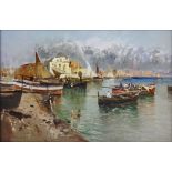 EZELINO BRIANTE (Italian, 1901-1970); oil on board, harbour scene depicting boats with buildings