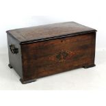 A walnut and inlaid twin handled musical box, lacking contents and for restoration, 24.5 x 50cm.