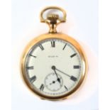 ELGIN; an early 20th century gold plated open faced crown wind pocket watch, the enamel dial set