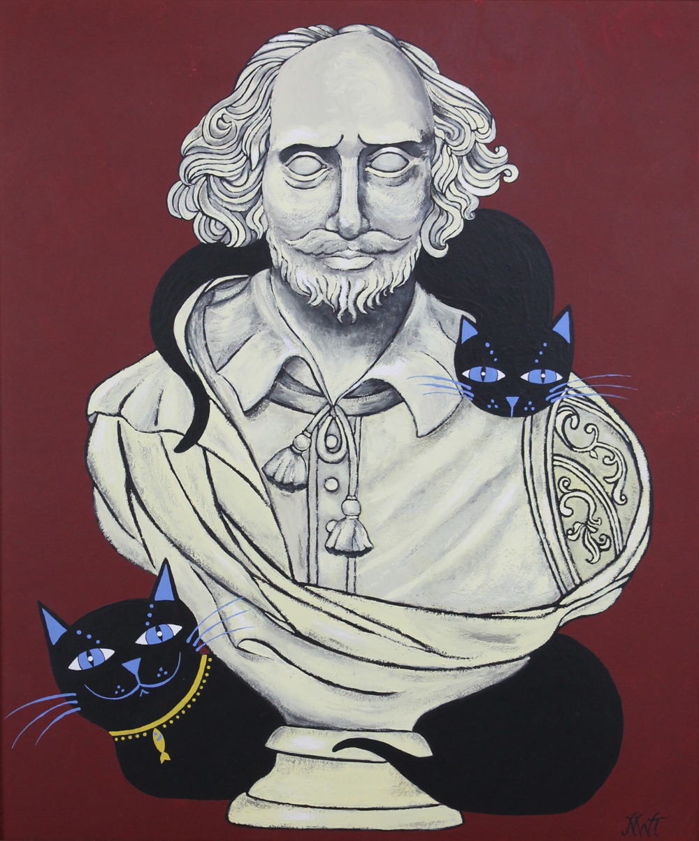 NICOLA WARD-TONKINSON; acrylic on board, 'Two Necessary Cats', two black cats with statue of
