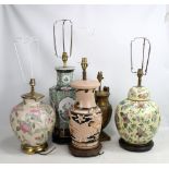 Five decorative table lamps including a Chinese porcelain example decorated with floral sprays,
