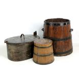 A coopered tapering twin handled barrel, height 37cm, a similar smaller example with lid, and a