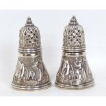 A pair of Indian white metal salts embossed with elephants, with applied plaque inscribed 'Miss