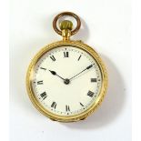 A late 19th century 18ct gold open faced crown wind fob watch, the circular dial set with Roman