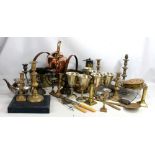 A mixed group of metalware including Eccles Miner's Protector Lamp, mixed brassware including