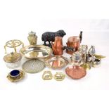 A small group of metalware to include a copper hot chocolate pot, a brass Eastern vase, a Fylfot