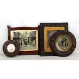 Three Macclesfield School of Carving picture frames comprising one rectangular and two circular