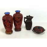 A pair of modern Chinese imitation cinnabar lacquer vases, height 21cm excluding stand, a similar