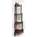 A Victorian walnut and inlaid bowfronted four tier corner whatnot, height 145.5cm (parts for