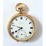 An early 20th century 9ct gold open faced crown wind pocket watch, the circular dial set with