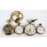 Four pocket watches comprising a Victorian hallmarked silver cased open face key wind example, the