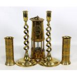 An Eccles Protector Lamp & Lighting Co Ltd miner's safety lamp, a pair of brass barleytwist