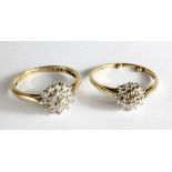 Two 9ct yellow gold diamond cluster rings set with melee stones in white metal claw stepped setting,