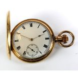 WALTHAM; an early 20th century gold plated crown wind full hunter pocket watch, the white enamel