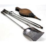 A three piece companion set and a pair of bellows, length 49cm (4).