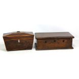 An early 19th century mahogany boxwood strung sarcophagus tea caddy (interior replaced), width 28cm,