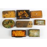 A group of 19th century snuff boxes including horn and mulberry examples, two painted examples,