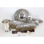 A small group of hallmarked silver items comprising christening cup inscribed 'Florence M. Hickson