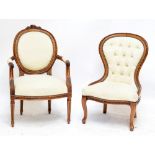 A cream upholstered elbow chair and similar spoon back chair with carved detail (2).