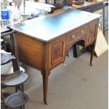 An Edwardian mahogany, satinwood crossbanded and line inlaid writing desk with inset leather top