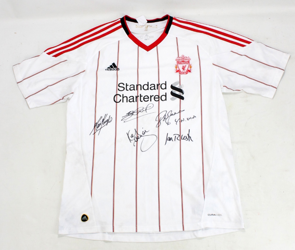 LIVERPOOL F.C.; a signed replica white football shirt signed by Steven Gerrard, John Barnes, Kevin