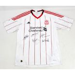 LIVERPOOL F.C.; a signed replica white football shirt signed by Steven Gerrard, John Barnes, Kevin