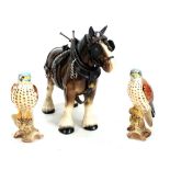 Two Beswick birds, both model no. 2316, and a Beswick-type shire horse with tack (one bird af).