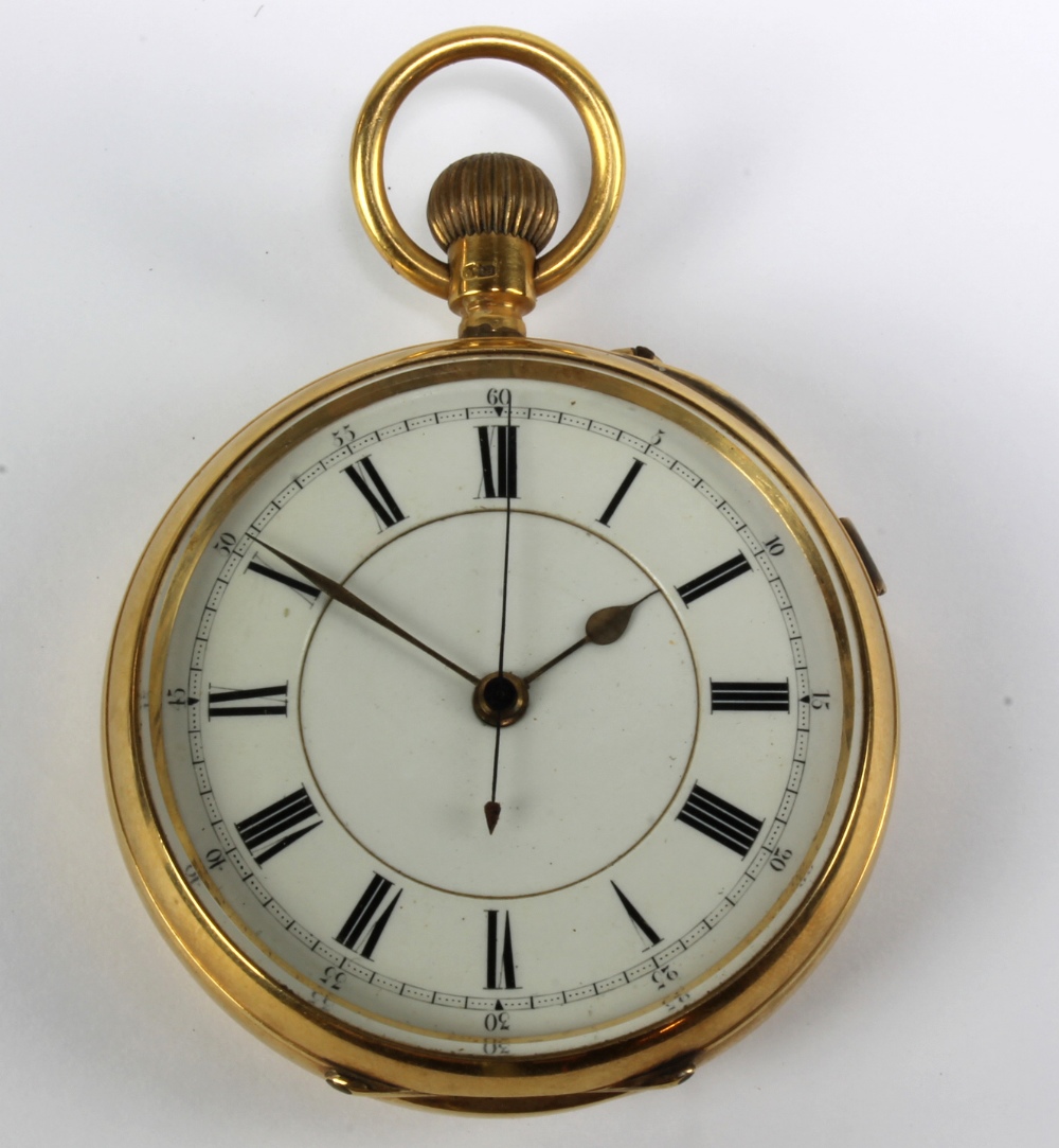 An early 20th century 18ct yellow gold crown wind open faced chronograph pocket watch, the white