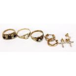 Three 9ct yellow gold dress rings set with various stones (one stone missing), largest size N,