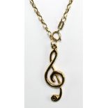 A 9ct yellow gold belcher chain, length 44cm, suspending a gilt base metal treble clef pendant,